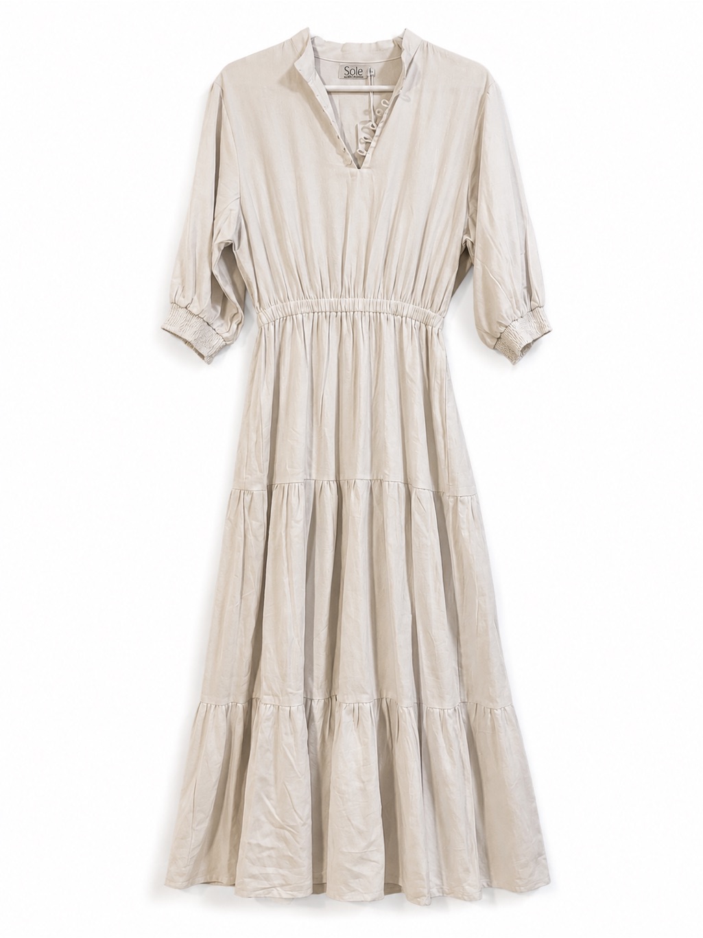 Nwt Linen Blend Tiered Maxi Dress V-Neck Smocked Waist And Sleeves